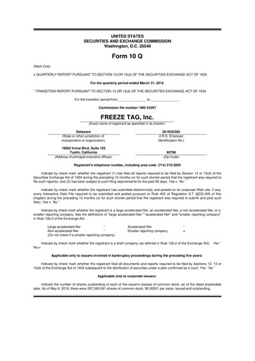 Thumbnail Freeze Tag 10-Q Quarterly Report FY2016 