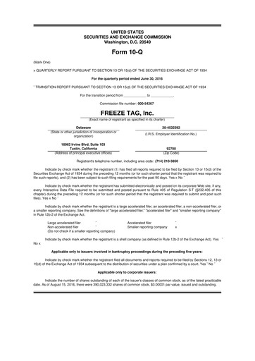 Thumbnail Freeze Tag 10-Q Quarterly Report FY2016 