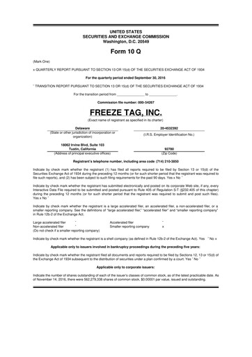 Thumbnail Freeze Tag 10-Q Quarterly Report FY2016 