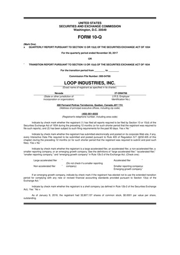 Thumbnail Loop Industries
 10-Q Quarterly Report FY 
