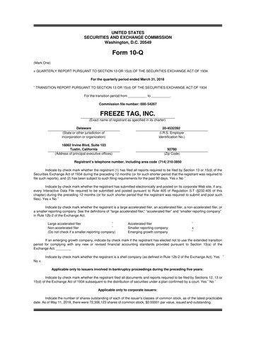 Thumbnail Freeze Tag 10-Q Quarterly Report FY2018 