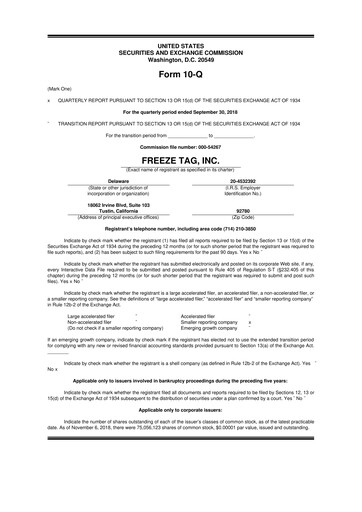 Thumbnail Freeze Tag 10-Q Quarterly Report FY2018 