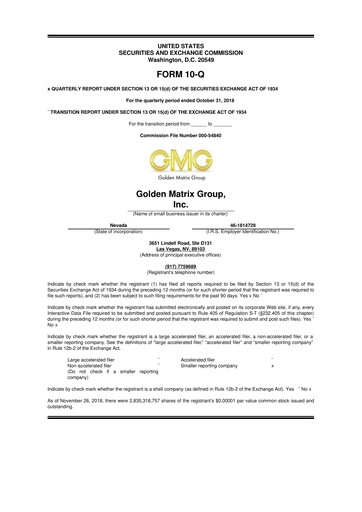 Thumbnail Golden Matrix Group 10-Q Quarterly Report FY2019 