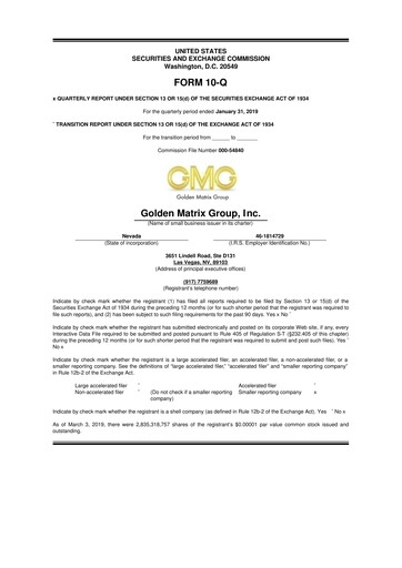 Thumbnail Golden Matrix Group 10-Q Quarterly Report FY2019 