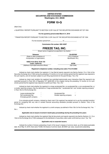 Thumbnail Freeze Tag 10-Q Quarterly Report FY2019 