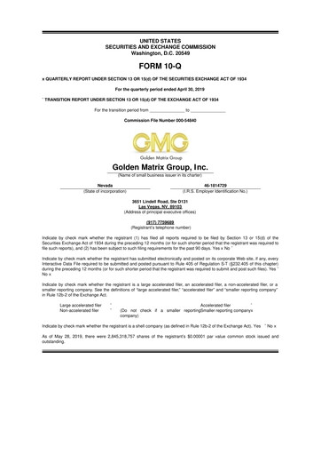 Thumbnail Golden Matrix Group 10-Q Quarterly Report FY2019 