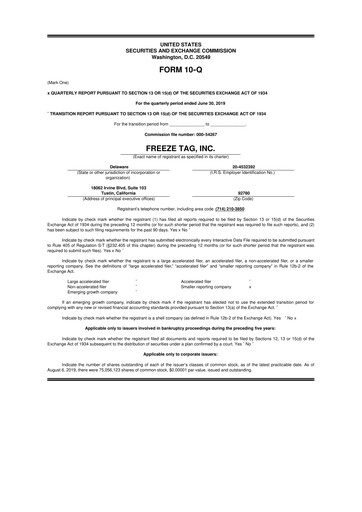 Thumbnail Freeze Tag 10-Q Quarterly Report FY2019 