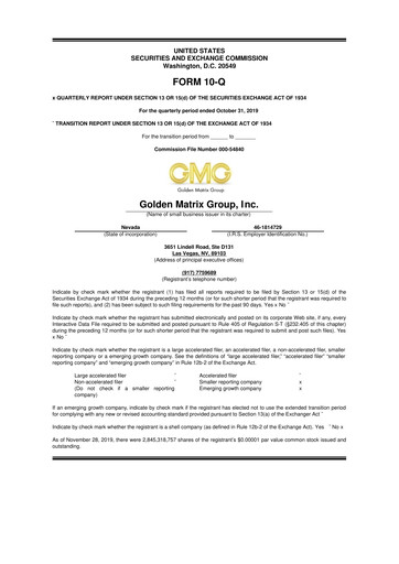 Thumbnail Golden Matrix Group 10-Q Quarterly Report FY2020 