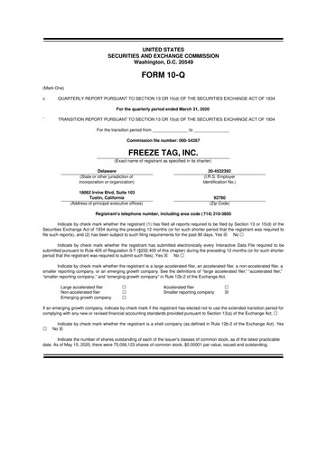 Thumbnail Freeze Tag 10-Q Quarterly Report FY2020 