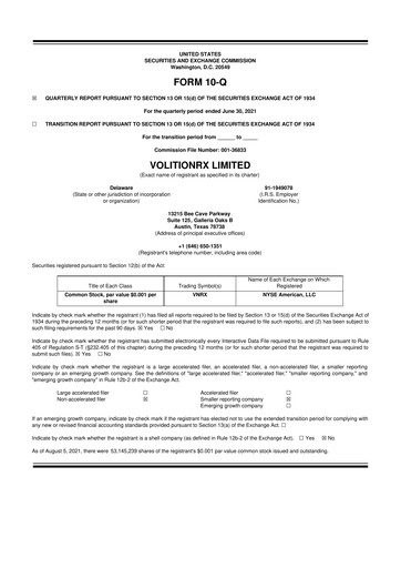 Thumbnail VolitionRx 10-Q Quarterly Report FY2021 