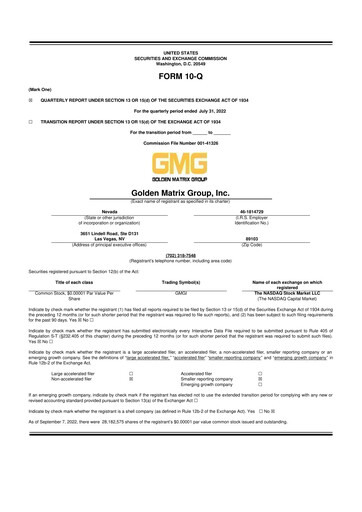Thumbnail Golden Matrix Group 10-Q Quarterly Report FY2022 