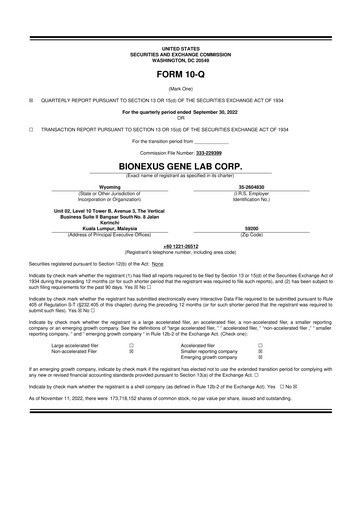 Thumbnail BioNexus Gene Lab 10-Q Quarterly Report FY2022 