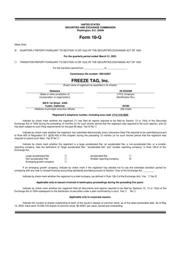 Thumbnail Freeze Tag 10-Q Quarterly Report FY2023 