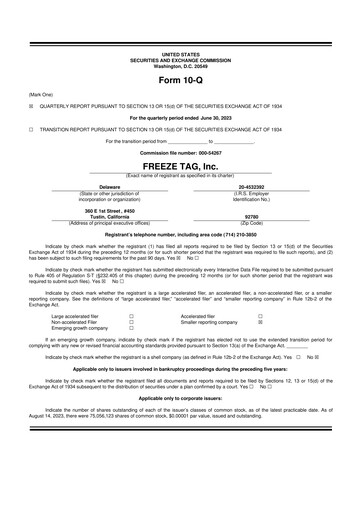 Thumbnail Freeze Tag 10-Q Quarterly Report FY2023 