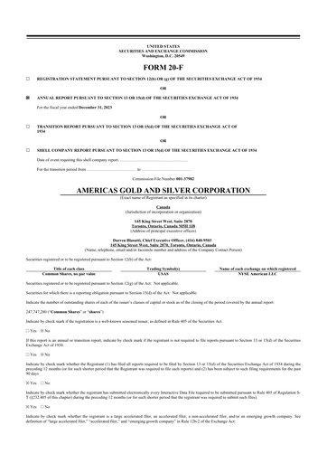 Thumbnail Americas Gold and Silver Corp 20-F Annual Report 2023