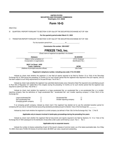 Thumbnail Freeze Tag 10-Q Quarterly Report FY2025 