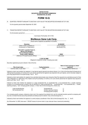Thumbnail BioNexus Gene Lab 10-Q Quarterly Report FY2025 