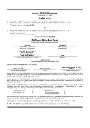 Thumbnail BioNexus Gene Lab 10-Q Quarterly Report FY2026 
