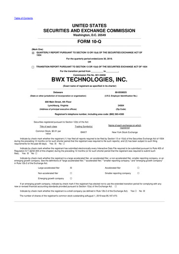 Thumbnail BWX Technologies
 10-Q Quarterly Report FY2019 