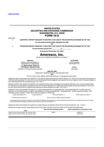 Miniature Ameresco
 10-Q Rapport trimestriel 2020 