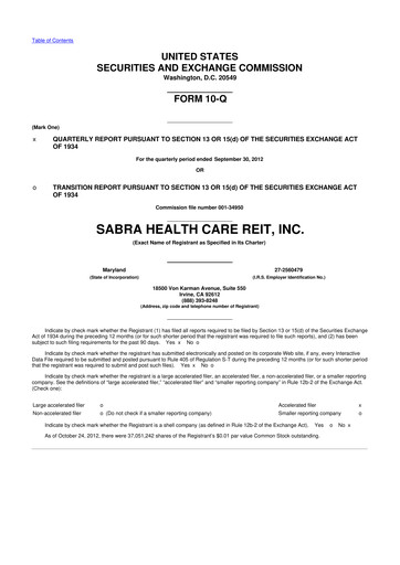 Thumbnail Sabra Health Care REIT 10-Q Quarterly Report FY2012 