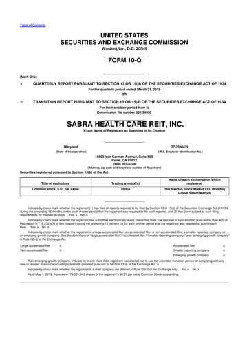Thumbnail Sabra Health Care REIT 10-Q Quarterly Report FY2019 