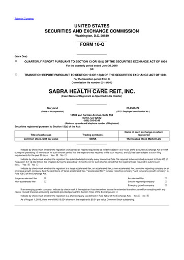 Thumbnail Sabra Health Care REIT 10-Q Quarterly Report FY2019 