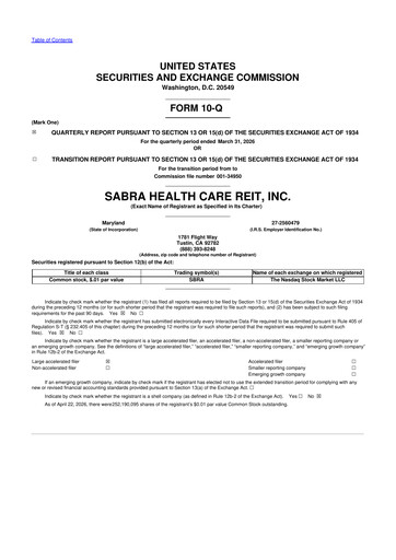 Thumbnail Sabra Health Care REIT 10-Q Quarterly Report FY 