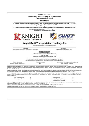 Miniature Knight-Swift Transportation
 10-Q Rapport trimestriel  
