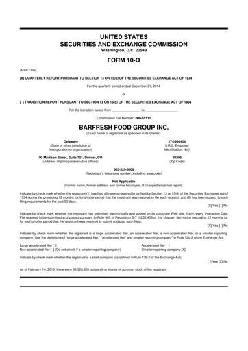 Miniature Barfresh Food Group 10-Q Rapport trimestriel  