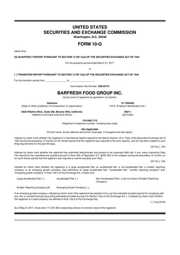 Miniature Barfresh Food Group 10-Q Rapport trimestriel  