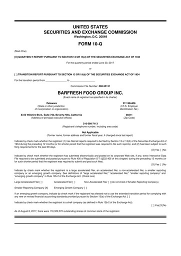 Miniature Barfresh Food Group 10-Q Rapport trimestriel  