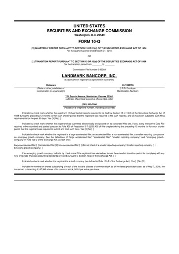 Thumbnail Landmark Bancorp 10-Q Quarterly Report FY2018 