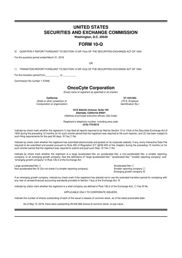 Miniature OncoCyte
 10-Q Rapport trimestriel 2018 