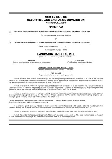Thumbnail Landmark Bancorp 10-Q Quarterly Report FY2018 