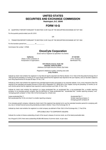 Miniature OncoCyte
 10-Q Rapport trimestriel 2018 