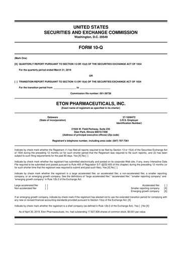 Miniature Eton Pharmaceuticals 10-Q Rapport trimestriel 2019 