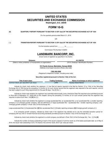 Thumbnail Landmark Bancorp 10-Q Quarterly Report FY2019 