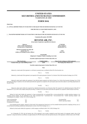 Thumbnail Beyond Air 10-K Annual Report 2019