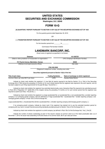 Thumbnail Landmark Bancorp 10-Q Quarterly Report FY2019 