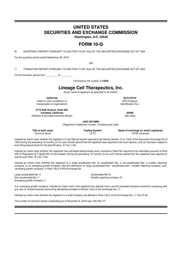 Miniature Lineage Cell Therapeutics
 10-Q Rapport trimestriel  