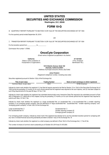 Miniature OncoCyte
 10-Q Rapport trimestriel 2019 