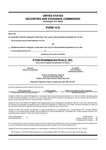 Miniature Eton Pharmaceuticals 10-Q Rapport trimestriel 2019 