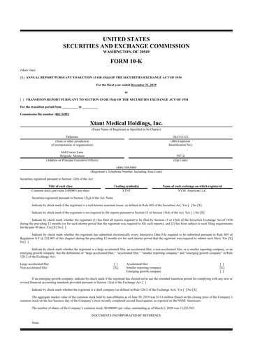 Miniature Xtant Medical 10-K Rapport annuel 2019