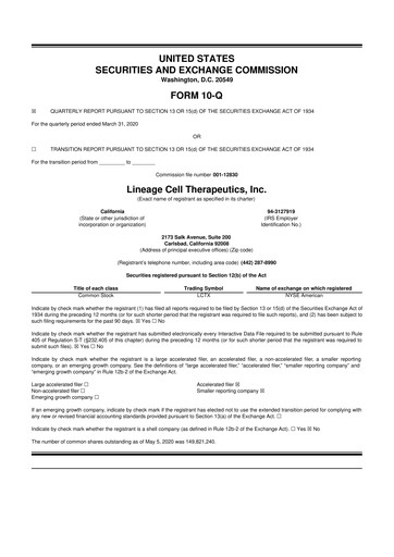 Miniature Lineage Cell Therapeutics
 10-Q Rapport trimestriel  