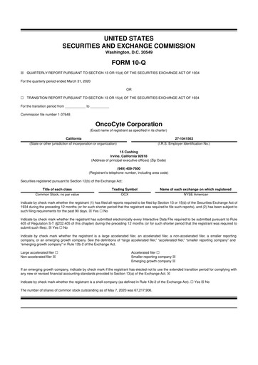 Miniature OncoCyte
 10-Q Rapport trimestriel 2020 