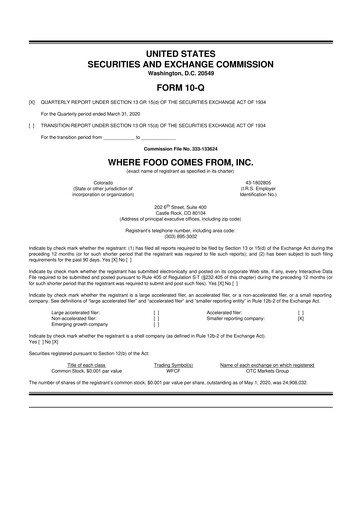 Thumbnail Where Food Comes From 10-Q Quarterly Report FY2020 