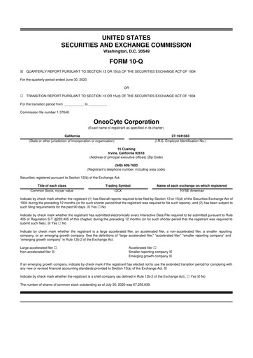 Miniature OncoCyte
 10-Q Rapport trimestriel 2020 