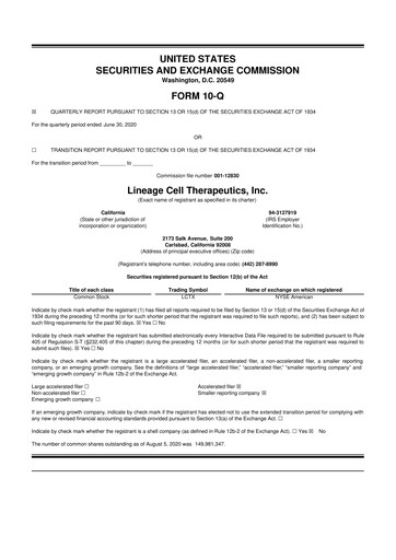 Miniature Lineage Cell Therapeutics
 10-Q Rapport trimestriel  