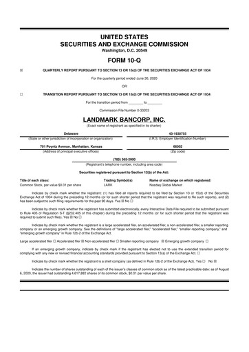 Thumbnail Landmark Bancorp 10-Q Quarterly Report FY2020 